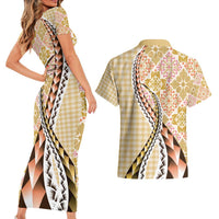 Aloha Vintage Palaka Floral Hawaiian Quilt Couples Matching Short Sleeve Bodycon Dress and Hawaiian Shirt Melemele Motif - Polynesian Pride