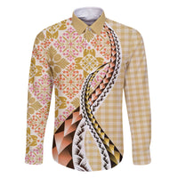 Aloha Vintage Palaka Floral Hawaiian Quilt Family Matching Off The Shoulder Long Sleeve Dress and Hawaiian Shirt Melemele Motif - Polynesian Pride