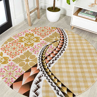 Aloha Vintage Palaka Floral Hawaiian Quilt Round Carpet Melemele Motif LT9 Yellow - Polynesian Pride