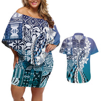 Aloha Vintage Plumeria Hawaiian Tapa Pattern Couples Matching Off Shoulder Short Dress and Hawaiian Shirt Blue Hawaiian Tapa Pattern - Polynesian Pride