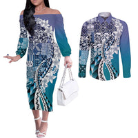 Aloha Vintage Plumeria Hawaiian Tapa Pattern Couples Matching Off The Shoulder Long Sleeve Dress and Long Sleeve Button Shirt Blue Hawaiian Tapa Pattern - Polynesian Pride