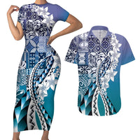 Aloha Vintage Plumeria Hawaiian Tapa Pattern Couples Matching Short Sleeve Bodycon Dress and Hawaiian Shirt Blue Hawaiian Tapa Pattern - Polynesian Pride