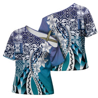 Aloha Vintage Plumeria Hawaiian Tapa Pattern Cross Shoulder Shirt Blue Hawaiian Tapa Pattern - Polynesian Pride