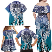 Aloha Vintage Plumeria Hawaiian Tapa Pattern Family Matching Off Shoulder Maxi Dress and Hawaiian Shirt Blue Hawaiian Tapa Pattern - Polynesian Pride