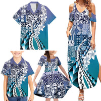 Aloha Vintage Plumeria Hawaiian Tapa Pattern Family Matching Summer Maxi Dress and Hawaiian Shirt Blue Hawaiian Tapa Pattern - Polynesian Pride