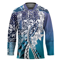 Aloha Vintage Plumeria Hawaiian Tapa Pattern Hockey Jersey Blue Hawaiian Tapa Pattern - Polynesian Pride
