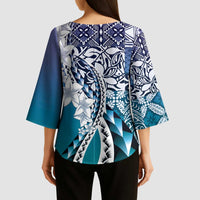 Aloha Vintage Plumeria Hawaiian Tapa Pattern Kimono Sleeve Blouse Blue Hawaiian Tapa Pattern - Polynesian Pride