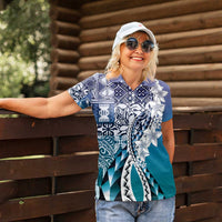 Aloha Vintage Plumeria Hawaiian Tapa Pattern Women Polo Shirt Blue Hawaiian Tapa Pattern - Polynesian Pride