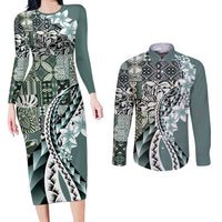 Aloha Vintage Plumeria Hawaiian Tapa Pattern Couples Matching Long Sleeve Bodycon Dress and Long Sleeve Button Shirt Dark Turquoise Hawaiian Tapa Pattern - Polynesian Pride