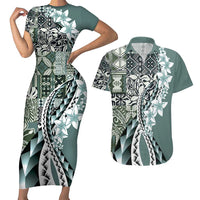 Aloha Vintage Plumeria Hawaiian Tapa Pattern Couples Matching Short Sleeve Bodycon Dress and Hawaiian Shirt Dark Turquoise Hawaiian Tapa Pattern - Polynesian Pride