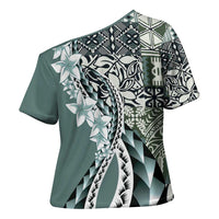 Aloha Vintage Plumeria Hawaiian Tapa Pattern Cross Shoulder Shirt Dark Turquoise Hawaiian Tapa Pattern - Polynesian Pride