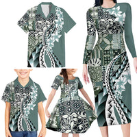 Aloha Vintage Plumeria Hawaiian Tapa Pattern Family Matching Long Sleeve Bodycon Dress and Hawaiian Shirt Dark Turquoise Hawaiian Tapa Pattern - Polynesian Pride
