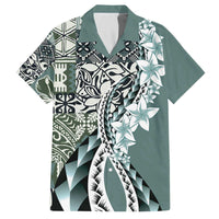 Aloha Vintage Plumeria Hawaiian Tapa Pattern Family Matching Off The Shoulder Long Sleeve Dress and Hawaiian Shirt Dark Turquoise Hawaiian Tapa Pattern - Polynesian Pride