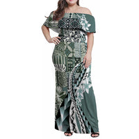 Aloha Vintage Plumeria Hawaiian Tapa Pattern Family Matching Off Shoulder Maxi Dress and Hawaiian Shirt Dark Turquoise Hawaiian Tapa Pattern - Polynesian Pride