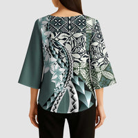 Aloha Vintage Plumeria Hawaiian Tapa Pattern Kimono Sleeve Blouse Dark Turquoise Hawaiian Tapa Pattern - Polynesian Pride