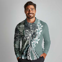 Aloha Vintage Plumeria Hawaiian Tapa Pattern Long Sleeve Polo Shirt Dark Turquoise Hawaiian Tapa Pattern - Polynesian Pride