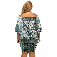 Aloha Vintage Plumeria Hawaiian Tapa Pattern Off Shoulder Short Dress Dark Turquoise Hawaiian Tapa Pattern - Polynesian Pride