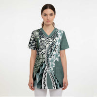 Aloha Vintage Plumeria Hawaiian Tapa Pattern Scrub Top Dark Turquoise Hawaiian Tapa Pattern - Polynesian Pride