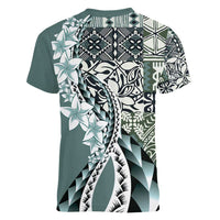 Aloha Vintage Plumeria Hawaiian Tapa Pattern Women V-Neck T-Shirt Dark Turquoise Hawaiian Tapa Pattern - Polynesian Pride