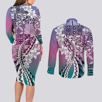 Aloha Vintage Plumeria Hawaiian Tapa Pattern Couples Matching Long Sleeve Bodycon Dress and Long Sleeve Button Shirt Gradient Hawaiian Tapa Pattern - Polynesian Pride