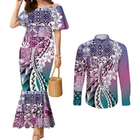 Aloha Vintage Plumeria Hawaiian Tapa Pattern Couples Matching Mermaid Dress and Long Sleeve Button Shirt Gradient Hawaiian Tapa Pattern - Polynesian Pride