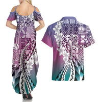 Aloha Vintage Plumeria Hawaiian Tapa Pattern Couples Matching Summer Maxi Dress and Hawaiian Shirt Gradient Hawaiian Tapa Pattern - Polynesian Pride