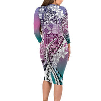 Aloha Vintage Plumeria Hawaiian Tapa Pattern Long Sleeve Bodycon Dress Gradient Hawaiian Tapa Pattern - Polynesian Pride