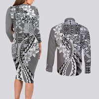 Aloha Vintage Plumeria Hawaiian Tapa Pattern Couples Matching Long Sleeve Bodycon Dress and Long Sleeve Button Shirt Gray Hawaiian Tapa Pattern - Polynesian Pride