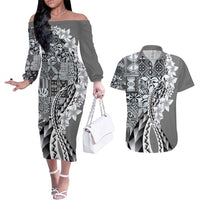 Aloha Vintage Plumeria Hawaiian Tapa Pattern Couples Matching Off The Shoulder Long Sleeve Dress and Hawaiian Shirt Gray Hawaiian Tapa Pattern - Polynesian Pride