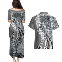 Aloha Vintage Plumeria Hawaiian Tapa Pattern Couples Matching Puletasi and Hawaiian Shirt Gray Hawaiian Tapa Pattern - Polynesian Pride