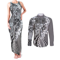 Aloha Vintage Plumeria Hawaiian Tapa Pattern Couples Matching Tank Maxi Dress and Long Sleeve Button Shirt Gray Hawaiian Tapa Pattern - Polynesian Pride