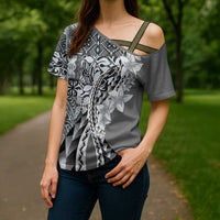 Aloha Vintage Plumeria Hawaiian Tapa Pattern Cross Shoulder Shirt Gray Hawaiian Tapa Pattern - Polynesian Pride