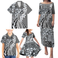 Aloha Vintage Plumeria Hawaiian Tapa Pattern Family Matching Puletasi and Hawaiian Shirt Gray Hawaiian Tapa Pattern - Polynesian Pride