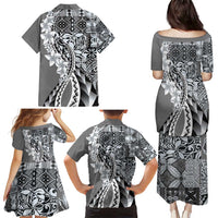 Aloha Vintage Plumeria Hawaiian Tapa Pattern Family Matching Puletasi and Hawaiian Shirt Gray Hawaiian Tapa Pattern - Polynesian Pride