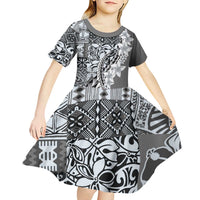 Aloha Vintage Plumeria Hawaiian Tapa Pattern Kid Short Sleeve Dress Gray Hawaiian Tapa Pattern - Polynesian Pride
