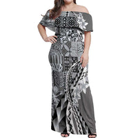 Aloha Vintage Plumeria Hawaiian Tapa Pattern Off Shoulder Maxi Dress Gray Hawaiian Tapa Pattern - Polynesian Pride