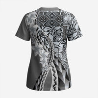 Aloha Vintage Plumeria Hawaiian Tapa Pattern Scrub Top Gray Hawaiian Tapa Pattern - Polynesian Pride