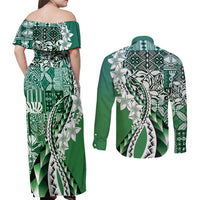 Aloha Vintage Plumeria Hawaiian Tapa Pattern Couples Matching Off Shoulder Maxi Dress and Long Sleeve Button Shirt Green Hawaiian Tapa Pattern - Polynesian Pride