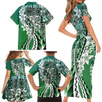 Aloha Vintage Plumeria Hawaiian Tapa Pattern Family Matching Short Sleeve Bodycon Dress and Hawaiian Shirt Green Hawaiian Tapa Pattern - Polynesian Pride