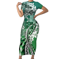 Aloha Vintage Plumeria Hawaiian Tapa Pattern Family Matching Short Sleeve Bodycon Dress and Hawaiian Shirt Green Hawaiian Tapa Pattern - Polynesian Pride