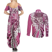 Aloha Vintage Plumeria Hawaiian Tapa Pattern Couples Matching Summer Maxi Dress and Long Sleeve Button Shirt Pink Hawaiian Tapa Pattern - Polynesian Pride