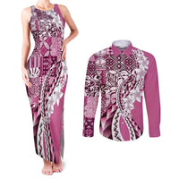 Aloha Vintage Plumeria Hawaiian Tapa Pattern Couples Matching Tank Maxi Dress and Long Sleeve Button Shirt Pink Hawaiian Tapa Pattern - Polynesian Pride