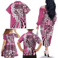 Aloha Vintage Plumeria Hawaiian Tapa Pattern Family Matching Off The Shoulder Long Sleeve Dress and Hawaiian Shirt Pink Hawaiian Tapa Pattern - Polynesian Pride