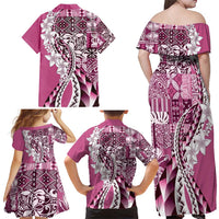 Aloha Vintage Plumeria Hawaiian Tapa Pattern Family Matching Off Shoulder Maxi Dress and Hawaiian Shirt Pink Hawaiian Tapa Pattern - Polynesian Pride