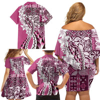 Aloha Vintage Plumeria Hawaiian Tapa Pattern Family Matching Off Shoulder Short Dress and Hawaiian Shirt Pink Hawaiian Tapa Pattern - Polynesian Pride