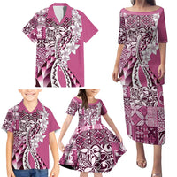 Aloha Vintage Plumeria Hawaiian Tapa Pattern Family Matching Puletasi and Hawaiian Shirt Pink Hawaiian Tapa Pattern - Polynesian Pride