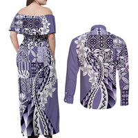 Aloha Vintage Plumeria Hawaiian Tapa Pattern Couples Matching Off Shoulder Maxi Dress and Long Sleeve Button Shirt Purple Hawaiian Tapa Pattern - Polynesian Pride