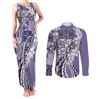 Aloha Vintage Plumeria Hawaiian Tapa Pattern Couples Matching Tank Maxi Dress and Long Sleeve Button Shirt Purple Hawaiian Tapa Pattern - Polynesian Pride