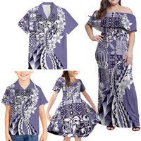 Aloha Vintage Plumeria Hawaiian Tapa Pattern Family Matching Off Shoulder Maxi Dress and Hawaiian Shirt Purple Hawaiian Tapa Pattern - Polynesian Pride