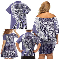 Aloha Vintage Plumeria Hawaiian Tapa Pattern Family Matching Off Shoulder Short Dress and Hawaiian Shirt Purple Hawaiian Tapa Pattern - Polynesian Pride